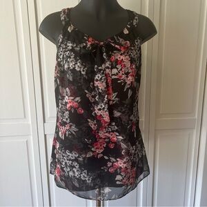 White House Black Market Floral Sleeveless Top w/Tie - Black & Pink - Sz 8